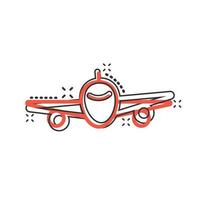 Flugzeug-Symbol im Comic-Stil. Flugzeugkarikatur-Vektorillustration auf weißem lokalisiertem Hintergrund. Geschäftskonzept mit Splash-Effekt für Fluglinienflugzeuge. vektor