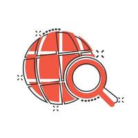 Globus-Suchsymbol im Comic-Stil. Netzwerk-Navigation Cartoon-Vektor-Illustration auf weißem Hintergrund isoliert. Global Geography Lupe Spritzeffekt Geschäftskonzept. vektor