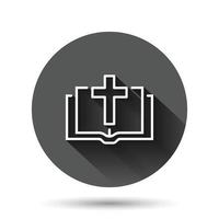 Bibelbuchsymbol im flachen Stil. Kirchenglauben-Vektorillustration auf schwarzem rundem Hintergrund mit langem Schatteneffekt. Spiritualität Kreis Schaltfläche Geschäftskonzept. vektor