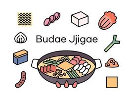 budaejjigae, en mat den där innehåller de historia av korea. sammansättning av mat och Ingredienser ikoner i pott. vektor