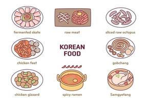 koreanska unik mat. skridsko, rå kött, kyckling fötter, bläckfisk, kyckling krås, kryddad Ramen, samgyetang, krås. vektor