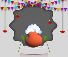 südindisches glückliches pongal-erntefest-festfahnendesign. Bunte Partygirlande mit 3D-Pongal-Schlammtopf. vektor