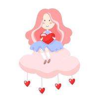 söt rosa håriga flicka innehav en röd hjärta och Sammanträde på en rosa moln från som liten hjärtan hängande ner vektor