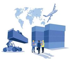 Logistik und Versand von Container-LKW am Schiffshafen für Geschäftscontainer-Frachtschiff und Frachtflugzeug mit Kranbrücke, die bei Sonnenaufgang auf der Werft arbeitet, Logistik-Import-Export und Versand vektor