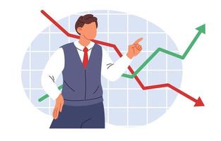 man som visar till finansiera Graf. ekonomisk nedgången problem, stiga inflation, nedgång företag pengar. platt vektor illustration