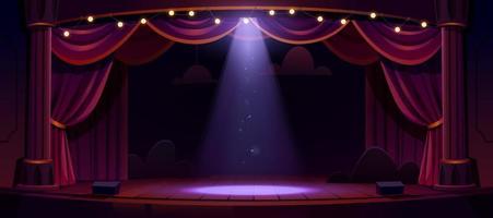 dunkle theaterbühne mit roten vorhängen und scheinwerfer vektor