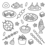asiatisches süßes lebensmittel-doodle-set. asiatische küche im skizzenstil. hand gezeichnete vektorillustration lokalisiert auf weißem hintergrund vektor