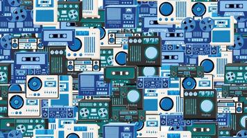 sömlös mönster ändlös med musik audio tech elektronik Utrustning gammal retro årgång hipster från 70-talet, 80-tal, 90s isolerat på vit bakgrund. vektor illustration