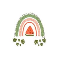 süße wassermelone des sommerregenbogens, tropische blätter, monstera sommerfruchtregenbogengrafikelement lokalisiert. tropischer sommer. Vektor-Illustration. sommerregenbogendesign, logo. handgezeichnete tropische blätter. vektor