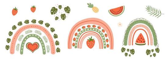 sommar regnbåge uppsättning. regnbåge, vattenmelon, jordgubbe, tropisk löv, monstera sommar grafisk element isolerat samling. tropisk sommar logotyp, ikoner. vektor illustration. hand dragen tropisk uppsättning.