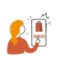 handgezeichnetes Doodle-Handy mit Einkaufstaschensymbol für Online-Shopping jetzt bestellen vektor