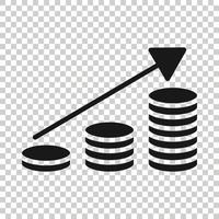 Symbol für die Erhöhung der Einkommensrate im flachen Stil. Finanzleistungsvektorillustration auf weißem lokalisiertem Hintergrund. Münze mit Wachstumspfeil Geschäftskonzept. vektor