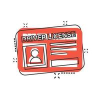 Führerschein-Symbol im Comic-Stil. ID-Karte Cartoon-Vektor-Illustration auf weißem Hintergrund isoliert. Geschäftskonzept mit Splash-Effekt. vektor
