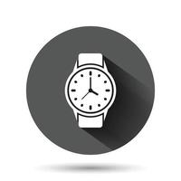 Armbanduhr-Symbol im flachen Stil. Handuhr-Vektorillustration auf schwarzem rundem Hintergrund mit langem Schatteneffekt. Zeit Armband Kreis Schaltfläche Geschäftskonzept. vektor