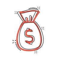 Geldsack-Symbol im Comic-Stil. Geldsack mit Dollar-Cartoon-Vektorillustration auf weißem, isoliertem Hintergrund. Cash-Sack-Splash-Effekt-Geschäftskonzept. vektor