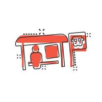 Busbahnhof-Symbol im Comic-Stil. Auto-Stopp-Cartoon-Vektorillustration auf weißem, isoliertem Hintergrund. Geschäftskonzept für Autobus-Fahrzeug-Splash-Effekt. vektor