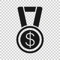 Medaille mit Dollar-Symbol im flachen Stil. Geldpreis-Trophäen-Vektorillustration auf weißem, isoliertem Hintergrund. Banknotenrechnung Geschäftskonzept. vektor