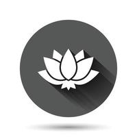Lotus-Symbol im flachen Stil. Blumenblatt-Vektorillustration auf schwarzem rundem Hintergrund mit langem Schatteneffekt. Blüte Pflanze Kreis Schaltfläche Geschäftskonzept. vektor