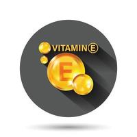 Vitamin-E-Symbol im flachen Stil. Pillenkapsel-Vektorillustration auf schwarzem rundem Hintergrund mit langem Schatteneffekt. Hautpflege Kreis Schaltfläche Geschäftskonzept. vektor