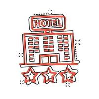 Hotel 3-Sterne-Schild-Symbol im Comic-Stil. gasthausgebäude-karikaturvektorillustration auf weißem lokalisiertem hintergrund. Geschäftskonzept mit Splash-Effekt für Hostelzimmer. vektor