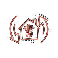 Thermometer Home-Symbol im Comic-Stil. Cartoon-Vektor-Illustration für die Klimaregelung des Hauses auf weißem, isoliertem Hintergrund. geschäftskonzept mit heißem, kaltem temperaturspritzeffekt. vektor