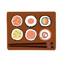 uppsättning av sushi på en trä- styrelse. traditionell mat. hand dragen vektor illustration i platt stil