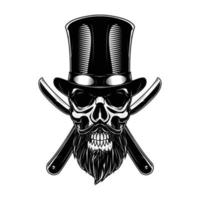 bärtiger Schädel mit Hut und Messern auf dem Rücken. Schädelvektor für Emblem, Logo, T-Shirt und Bekleidungsdesign vektor