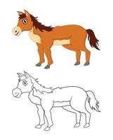 Fröhliches Cartoon-Pferd mit Strichzeichnungen, farblose Pferdeskizzenseite isoliert auf weißem Hintergrund. vektor