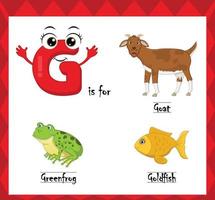 brev g vektor, alfabet g för get, gröngroda, guldfisk djur, engelsk alfabet lära sig begrepp. vektor
