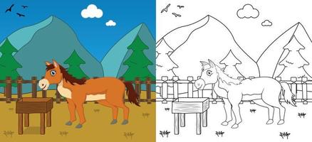 niedliche Cartoon-Pferd-Malseite mit Strichzeichnungen, Kinder-Aktivitätsseite, Vektorgrafik vektor