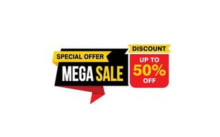 50-prozentiges Mega-Sale-Angebot, Räumung, Werbebanner-Layout mit Aufkleberstil. vektor