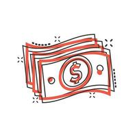 Geldstapel-Symbol im Comic-Stil. Tauschen Sie Bargeldkarikatur-Vektorillustration auf weißem lokalisiertem Hintergrund aus. Geschäftskonzept mit Splash-Effekt für Dollarscheine. vektor