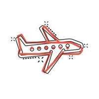 Flugzeug-Symbol im Comic-Stil. Flugzeugkarikatur-Vektorillustration auf weißem lokalisiertem Hintergrund. Geschäftskonzept mit Splash-Effekt für Fluglinienflugzeuge. vektor