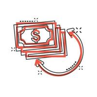 Symbol für die Erhöhung der Einkommensrate im Comic-Stil. Finanzleistungskarikatur-Vektorillustration auf weißem lokalisiertem Hintergrund. Münze mit Wachstumspfeil-Splash-Effekt-Geschäftskonzept. vektor