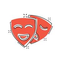 Theatermasken-Symbol im Comic-Stil. Komödie und Tragödie Cartoon-Vektor-Illustration auf weißem, isoliertem Hintergrund. Lächeln Gesicht Spritzeffekt Geschäftskonzept. vektor