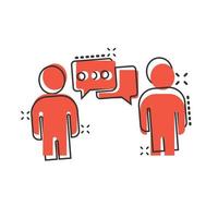 människor med Tal bubbla ikon i komisk stil. chatt tecknad serie vektor illustration på vit isolerat bakgrund. högtalare dialog stänk effekt företag begrepp.