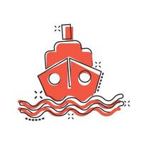 Tourismusschiff-Symbol im Comic-Stil. Fischerboot-Cartoon-Vektorillustration auf weißem, isoliertem Hintergrund. Geschäftskonzept für Tanker mit Splash-Effekt. vektor