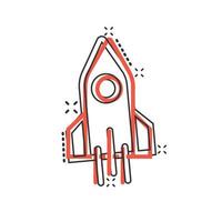 Raketensymbol im Comic-Stil. raumschiffstartkarikaturvektorillustration auf weißem lokalisiertem hintergrund. Sputnik-Splash-Effekt-Geschäftskonzept. vektor