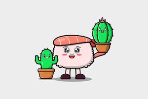 süße Cartoon-Sushi-Garnelen, die eine Kaktuspflanze halten vektor