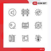 Stock Vector Icon Pack mit 9 Zeilen Zeichen und Symbolen für Youtube Play Law Computer Pool editierbare Vektordesign-Elemente