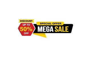 50-prozentiges Mega-Sale-Angebot, Räumung, Werbebanner-Layout mit Aufkleberstil. vektor