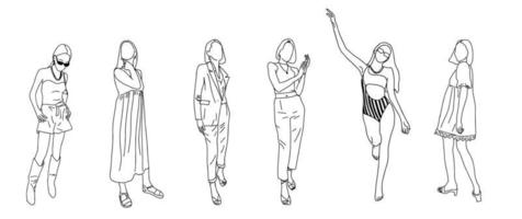 flickor dragen i en linjär stil för en mode tidskrift. vektor illustration.