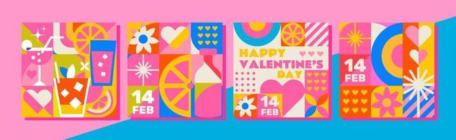 Satz von 4 fröhlichen Valentinstag-Vorlagen im Mosaik-Stil. Dieses Design eignet sich hervorragend für Grüße, Karten, Partyeinladungen und soziale Medien. vektor