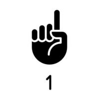 Ziffer eins im asl-Symbol mit schwarzer Glyphe. Nonverbales Kommunikationssystem. Detail der Gestensprache. Zeichen für Nummer. Schattenbildsymbol auf Leerraum. solides Piktogramm. vektor isolierte illustration