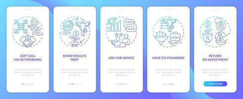 Möglichkeiten, Investoren beim Onboarding des Bildschirms der mobilen App mit blauem Farbverlauf einzubeziehen. Komplettlösung 5 Schritte editierbare grafische Anweisungen mit linearen Konzepten. ui, ux, gui-Vorlage vektor