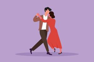 tecknad serie platt stil teckning ung man och kvinna utför dansa på skola, studio, fest. manlig och kvinna tecken dans tango på milonga. Lycklig par dans. grafisk design vektor illustration