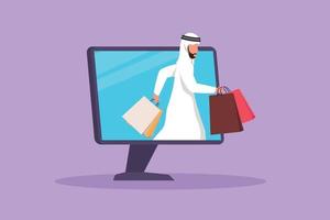 tecknad serie platt stil teckning arab man kommande ut av övervaka dator skärm med innehav handla påsar. försäljning, digital livsstil, konsumentupplysning. uppkopplad Lagra begrepp. grafisk design vektor illustration