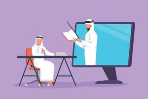 grafische flache designzeichnung arabischer männlicher student sitzt auf stuhl mit schreibtisch und starrt auf monitorbildschirm und im laptop gibt es einen männlichen dozenten, der unterrichtet. Cartoon-Stil-Vektor-Illustration vektor