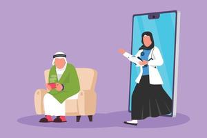 tecknad serie platt stil teckning manlig patient har feber Sammanträde på soffa, använder sig av filt, innehav råna och arab kvinna läkare gående ut av smartphone med urklipp. grafisk design vektor illustration