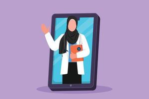 grafisches flaches Design, das eine arabische Ärztin zeichnet, kommt aus dem Smartphone-Bildschirm, der die Zwischenablage hält. medizinischer Online-App-Service. Metapher für digitale Gesundheitsberatung. Cartoon-Stil-Vektor-Illustration vektor